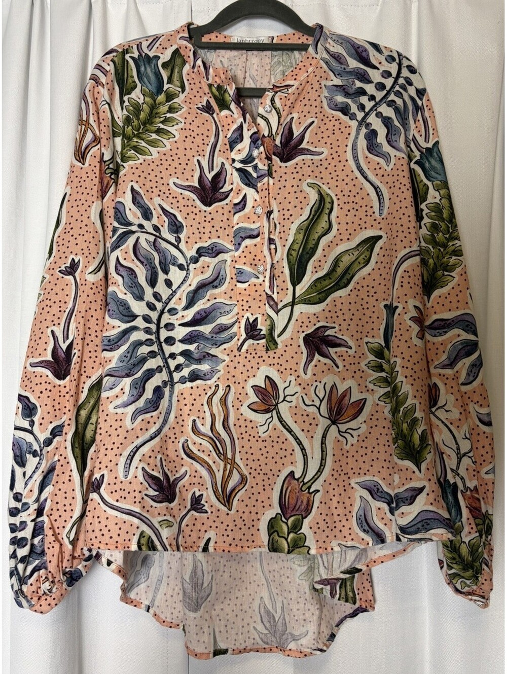 Lanhtropy Salmon Pink Floral Bishop Sleeve Linen Tunic Blouse Medium $235